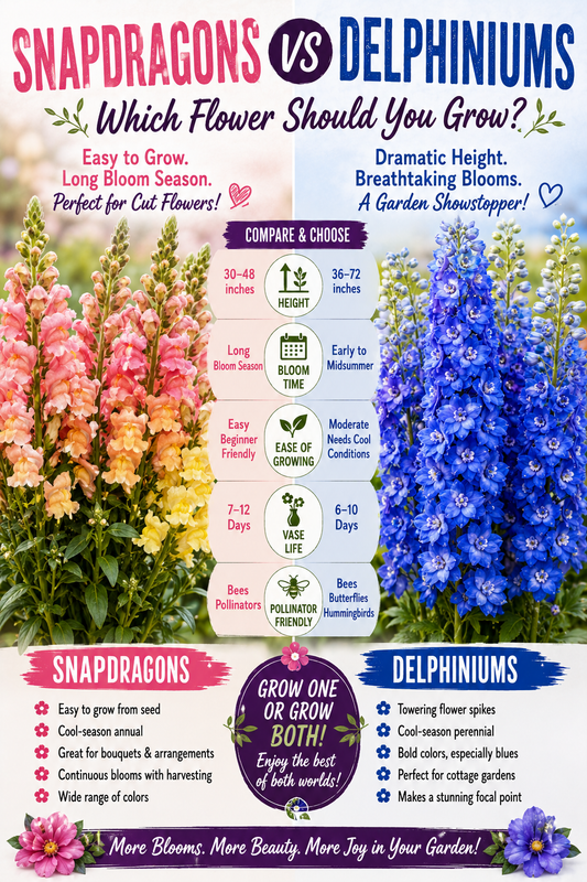 Snapdragons vs Delphiniums comparison for cut flowers and colorful gardens.