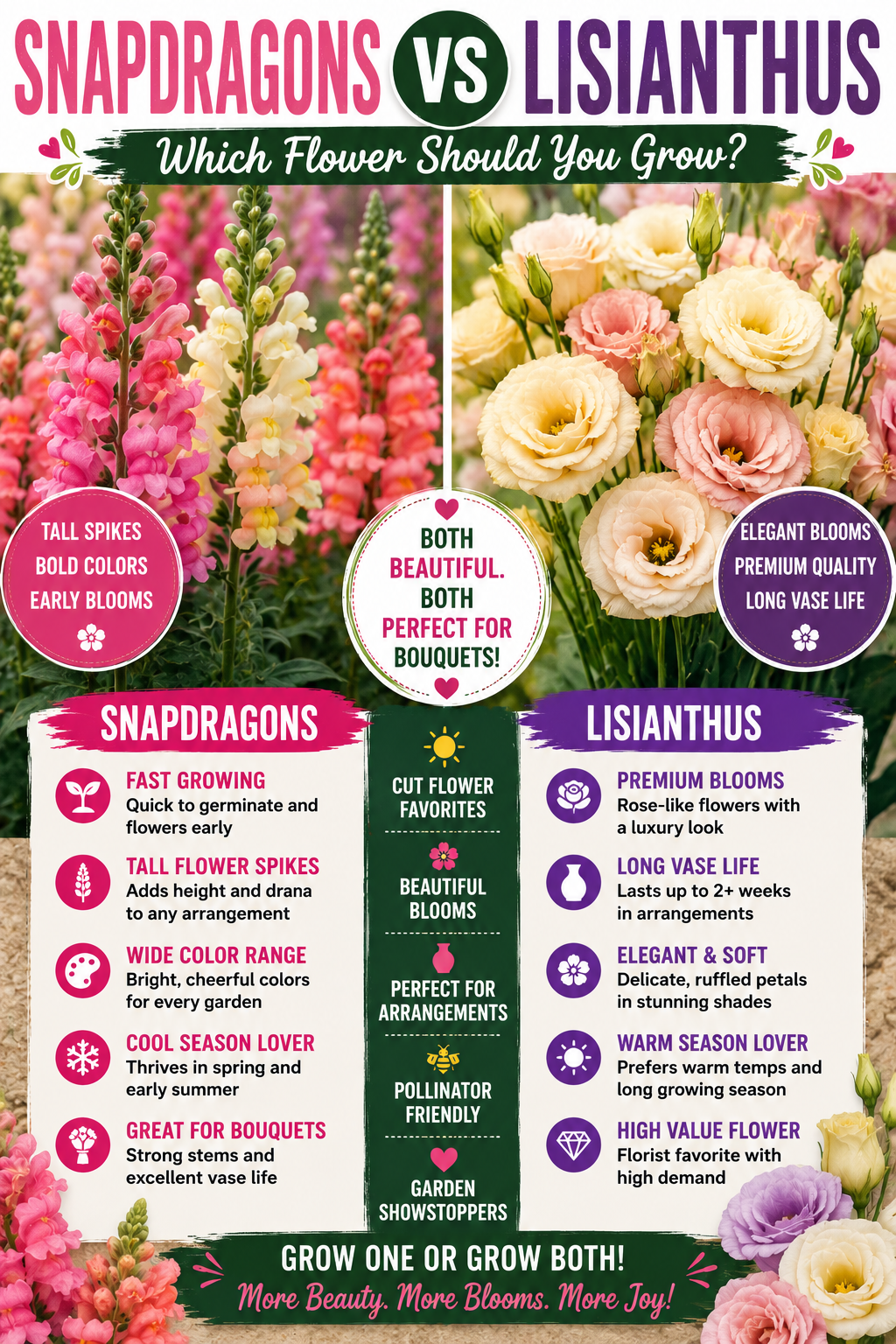 Snapdragons and Lisianthus flowers compared side by side showing colorful snapdragon flower spikes and elegant rose-like lisianthus blooms for cut flower gardens.