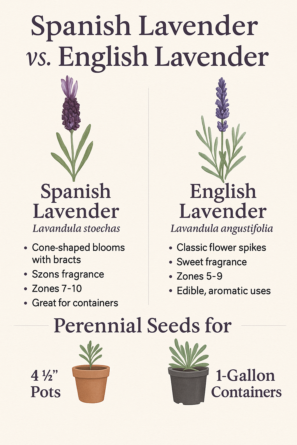 Infographic comparing Spanish lavender and English lavender perennial seeds, showing differences in fragrance, hardiness, and resale in 4.5-inch pots and 1-gallon containers