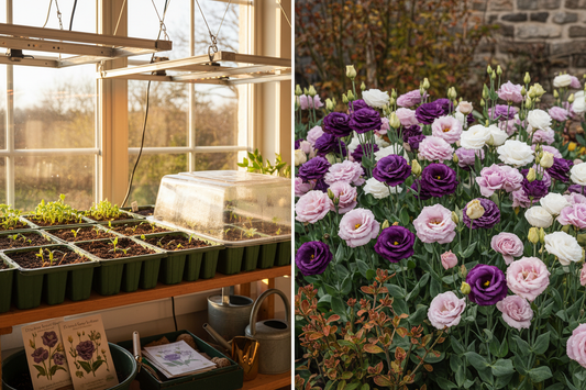 Spring vs fall lisianthus planting — seedlings started indoors in spring and lisianthus blooming in a fall garden