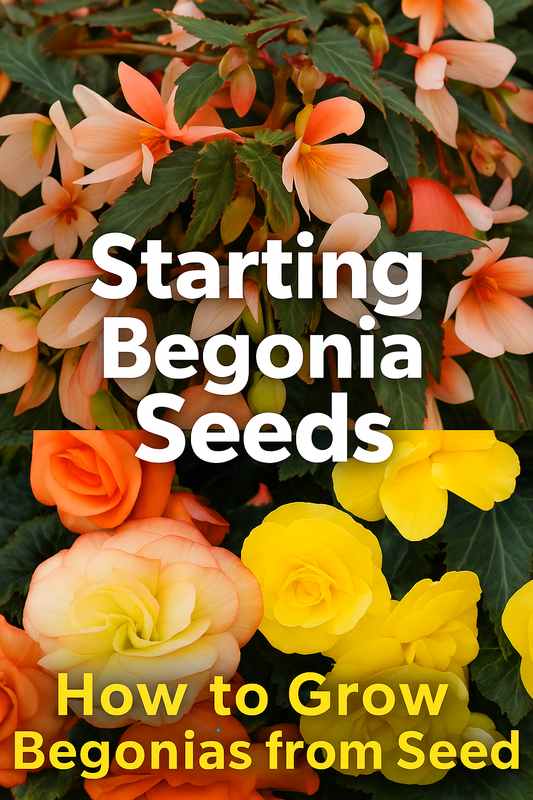 Collage of colorful begonias in bloom with text overlay ‘Starting Begonia Seeds | Tips for Success,’ designed for Pinterest, Facebook, and blog use