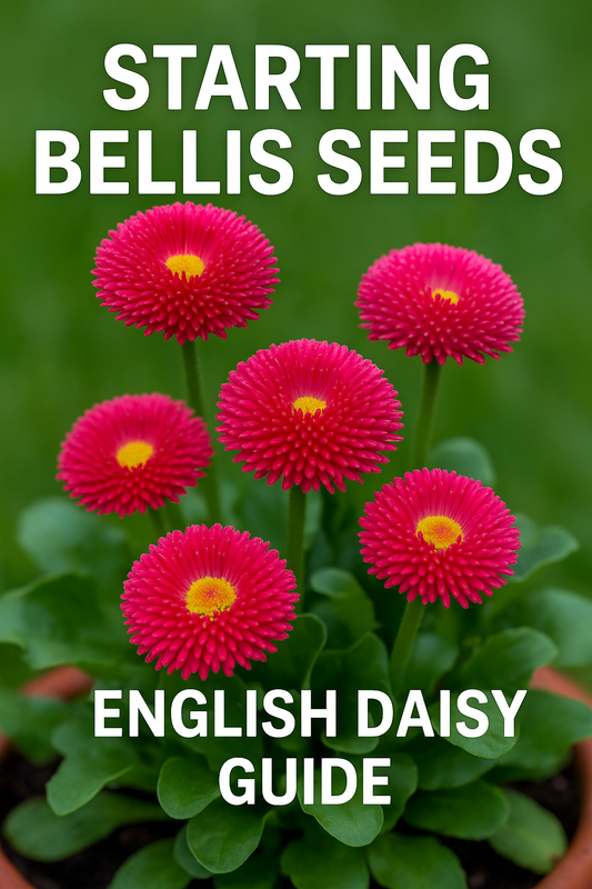Bright pink Bellis perennis (English Daisy) flowers in bloom with lush green foliage, used in a guide on starting Bellis seeds