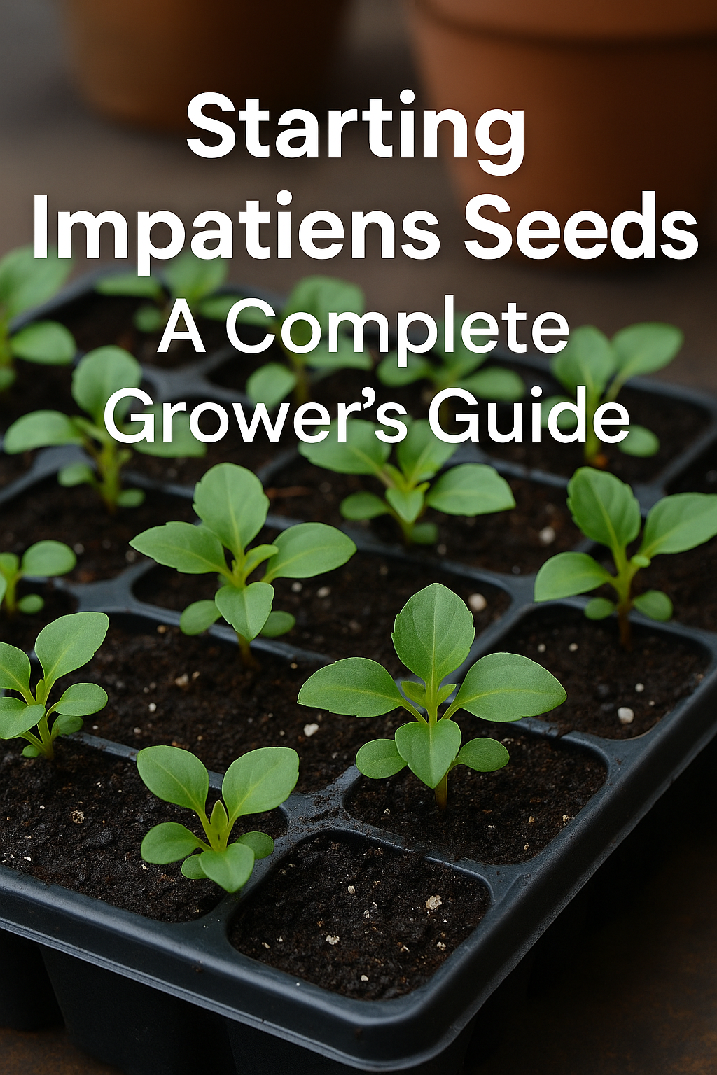 Healthy impatiens seedlings growing in trays under bright light with text overlay Starting Impatiens Seeds Complete Growing Guide