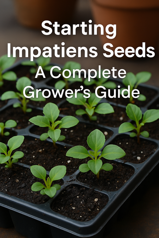 Healthy impatiens seedlings growing in trays under bright light with text overlay Starting Impatiens Seeds Complete Growing Guide