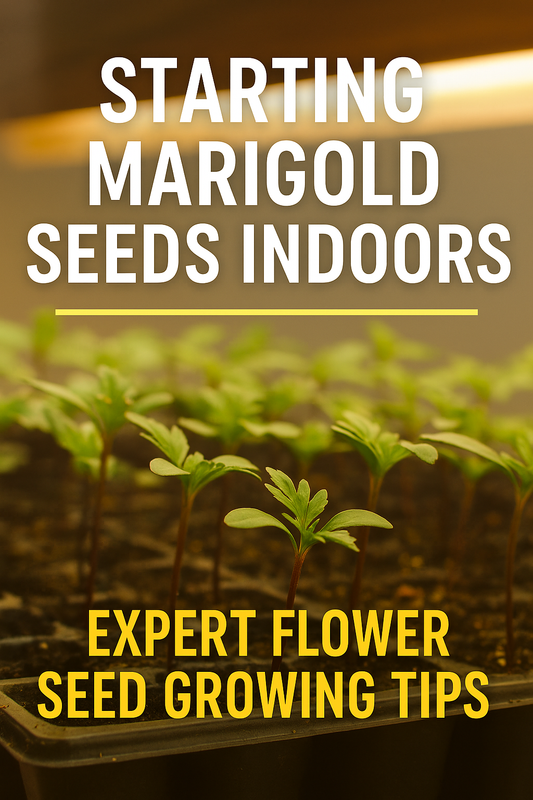 Close-up of marigold seedlings growing indoors under warm light — learn expert tips for starting marigold seeds indoors with this complete flower seed guide.