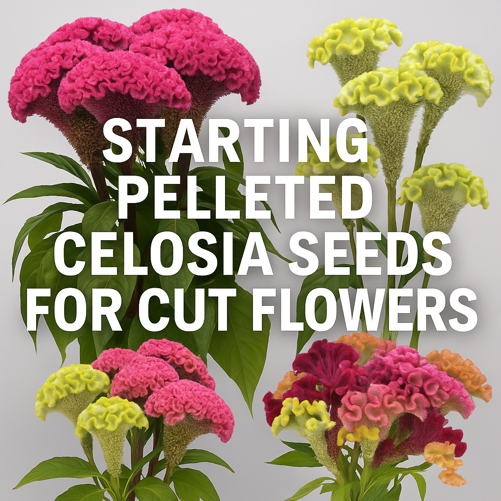 Colorful Celosia cristata cut flowers in shades of pink, yellow, and red with bold plumes and ruffled crests — example of florist-quality Celosia grown from pelleted seeds