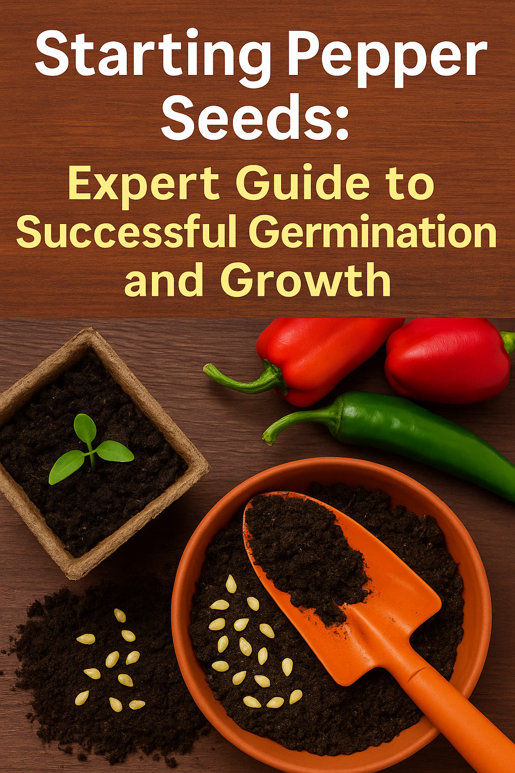 Bright and healthy pepper seedlings sprouting in seed trays with colorful bell peppers in the background, perfect for a guide on starting pepper seeds