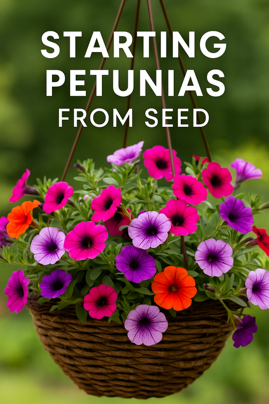 Starting petunias from seed in a colorful hanging basket