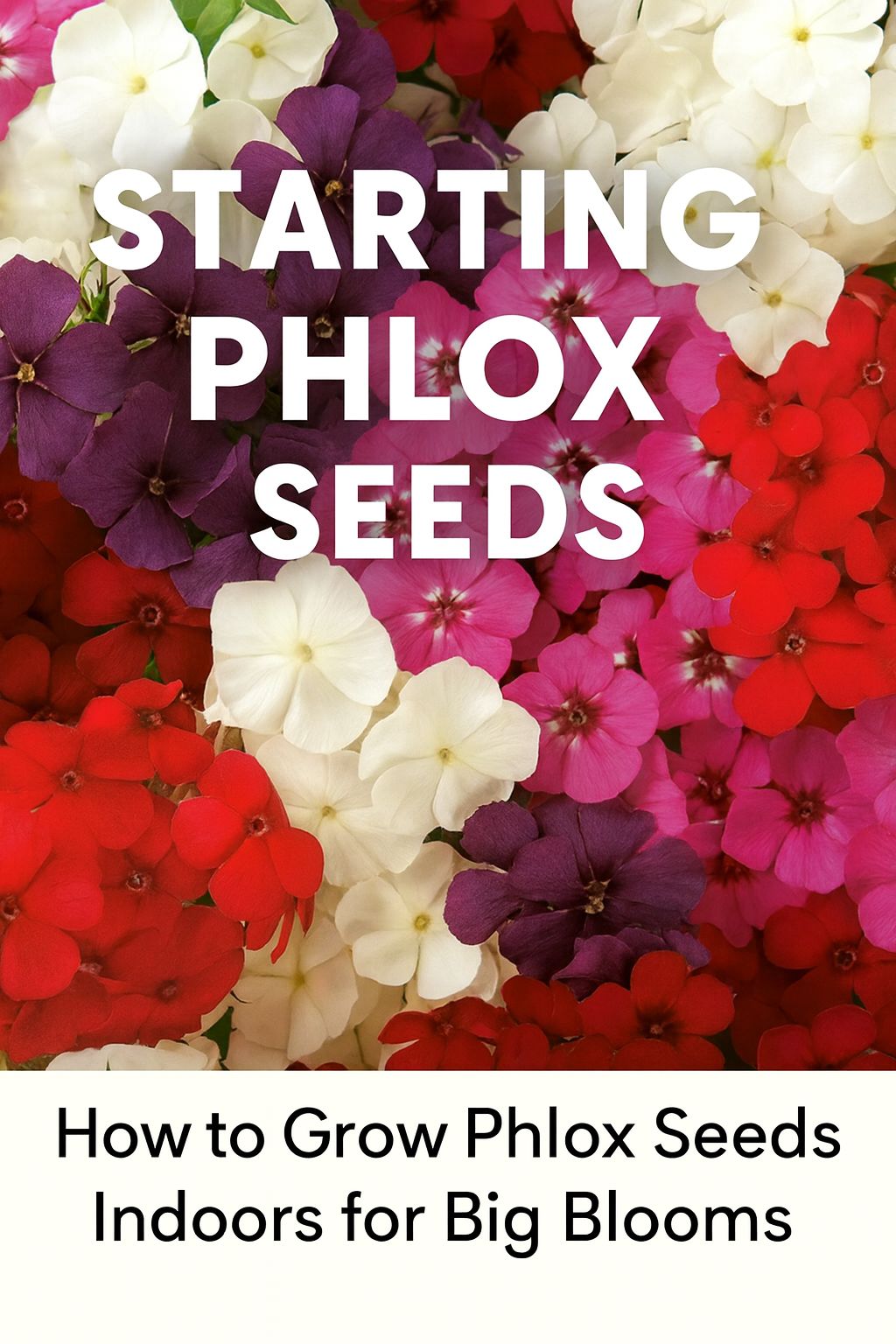 Colorful phlox flowers with the text “Starting Phlox Seeds – How to Grow Indoors for Big Blooms