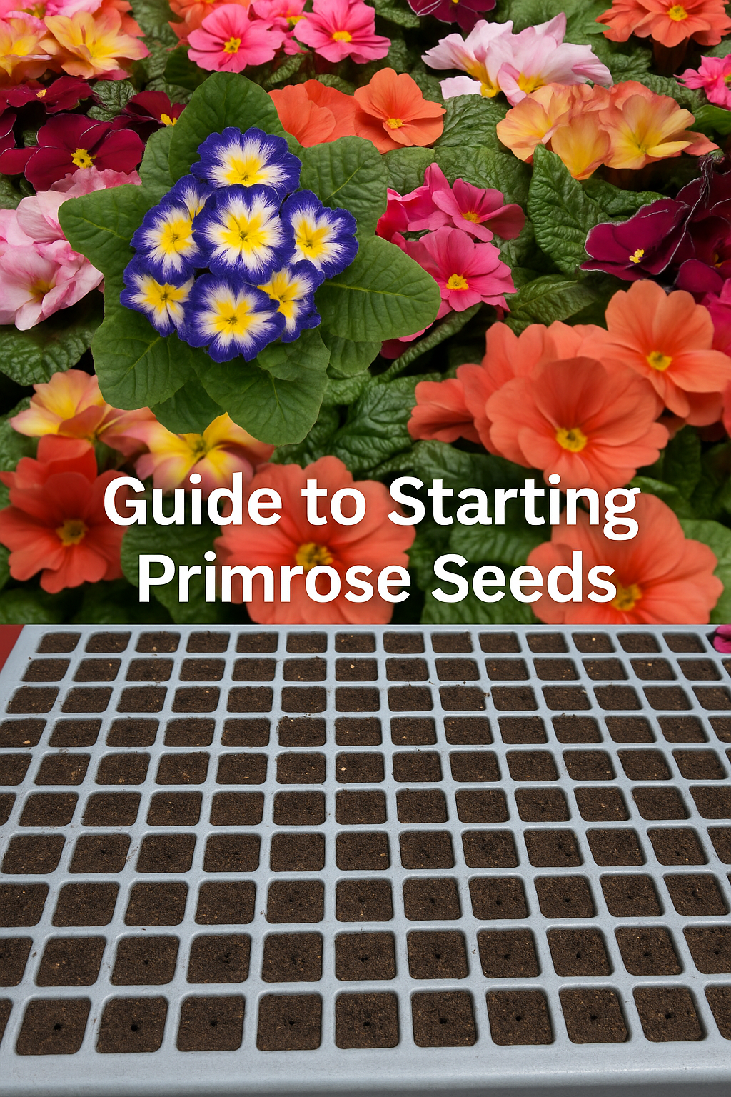 Guide to starting primrose seeds – colorful primula flowers with a nursery vacuum seeder and 288-cell tray for professional seed starting.