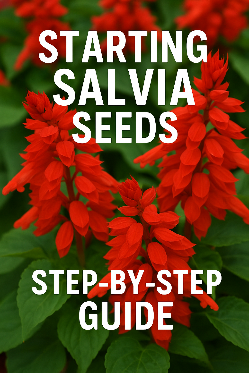 photo featuring bright red salvia blooms with bold text overlay “Starting Salvia Seeds – Step-by-Step Guide,” designed to catch attention and guide gardeners to salvia seed germination tips