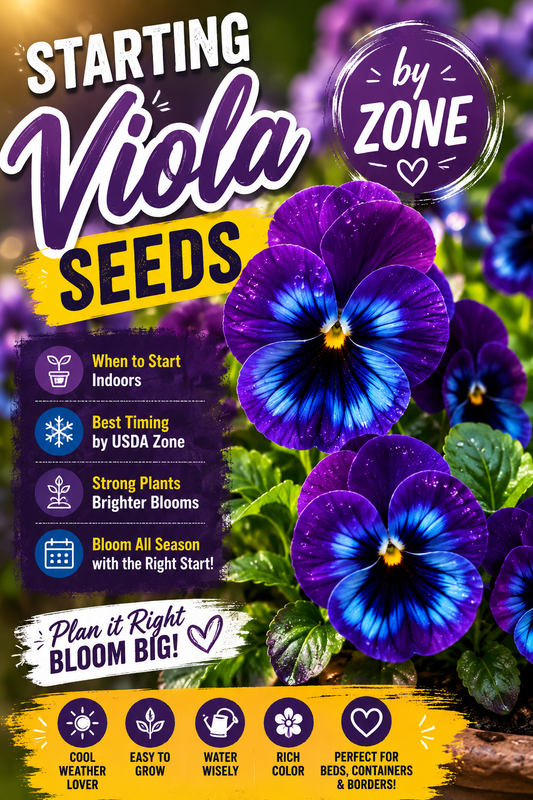Purple and blue viola flowers with a starting viola seeds by USDA zone guide for indoor seed starting and healthy blooms.