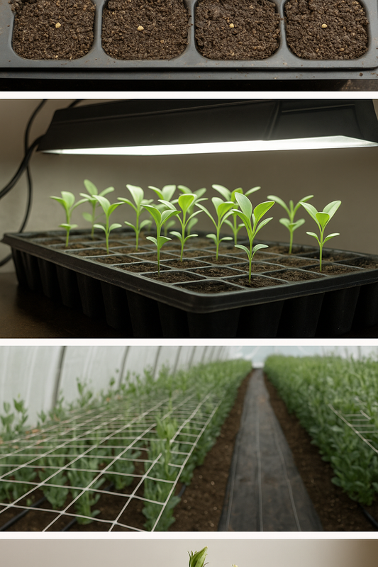 Lisianthus seed starting process showing seeds in cell trays, young seedlings under grow lights, plants growing in a high tunnel, and harvested lisianthus cut flowers in a vase”