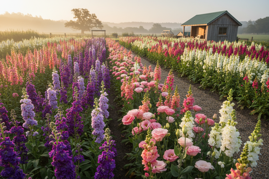 Stock, lisianthus, and snapdragons growing together in a premium cut flower garden