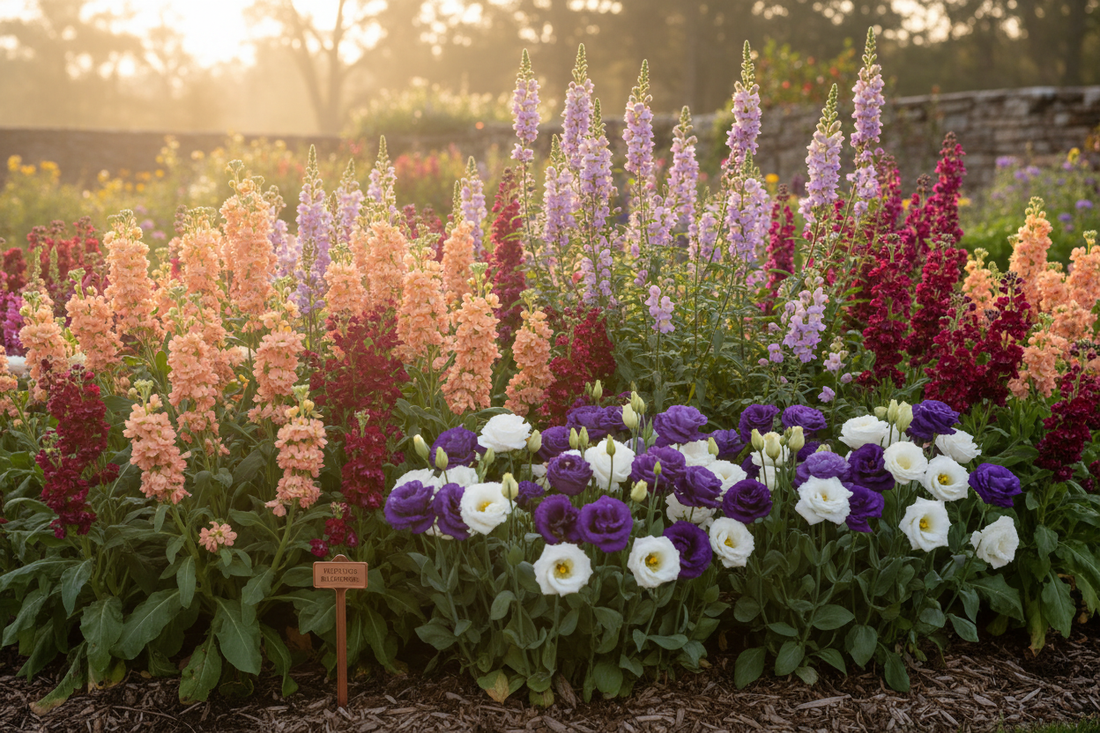 Stock, Lisianthus, and Snapdragon flowers growing together in a cut flower garden