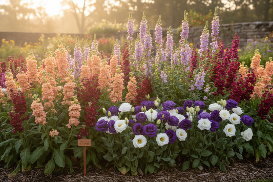 Stock, Lisianthus, and Snapdragon flowers growing together in a cut flower garden