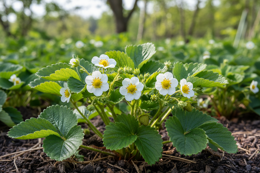 Strawberry plant covered in white flowers but not producing fruit in a garden bed