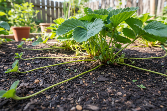 Strawberry plant sending out runners across garden soil