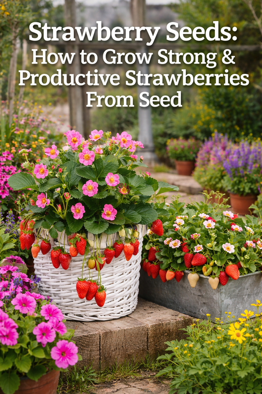 Strawberries grown from seed in outdoor containers near a greenhouse with flowering plants and ripening berries