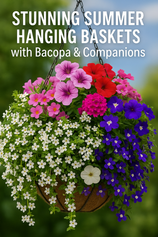 Stunning summer hanging basket with Bacopa, Petunia, and Verbena flowers in full bloom
