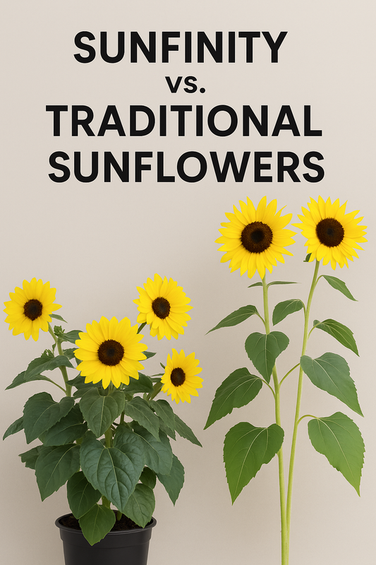 Side-by-side comparison of Sunfinity sunflowers with multiple branching blooms versus tall traditional sunflowers with single large flowers, highlighting the differences in growth and performance