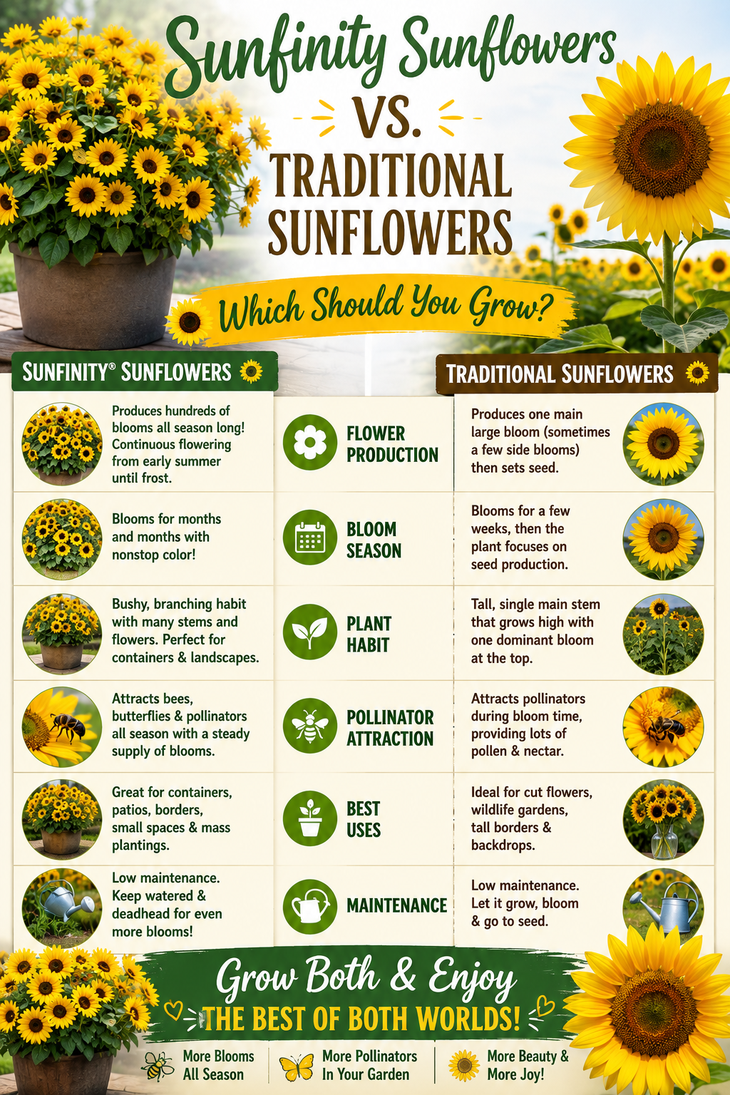 Sunfinity Sunflowers and traditional sunflowers growing side by side, comparing continuous blooms, plant size, pollinator attraction, and classic sunflower flowers in a summer garden.