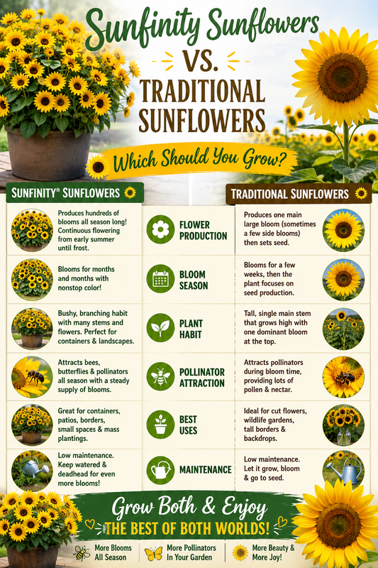 Sunfinity Sunflowers and traditional sunflowers growing side by side, comparing continuous blooms, plant size, pollinator attraction, and classic sunflower flowers in a summer garden.