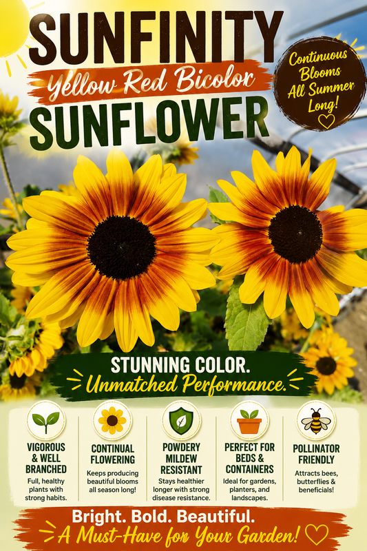 Sunfinity Yellow Red Bicolor sunflower featuring vibrant yellow petals with rich red centers, continuous blooming flowers, powdery mildew resistance, and outstanding performance in garden beds, containers, and patio planters