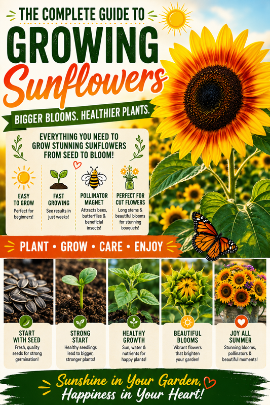 Sunflower seeds complete growing guide featuring giant sunflower blooms, healthy sunflower plants, pollinator-friendly flowers, seed starting, and tips for growing bigger blooms and healthier plants