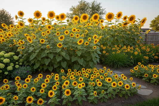 Sunflowers in full bloom in a summer garden, showing single-stem, branching, and dwarf sunflower varieties"
