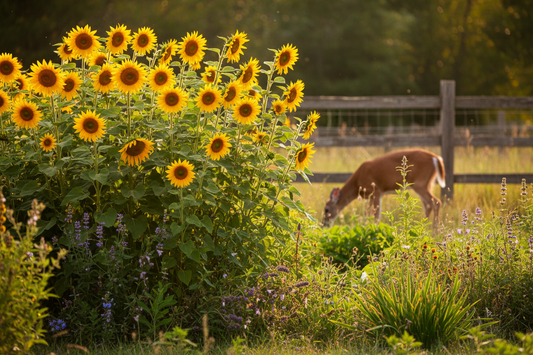 Sunflowers growing in a garden with a deer in the background