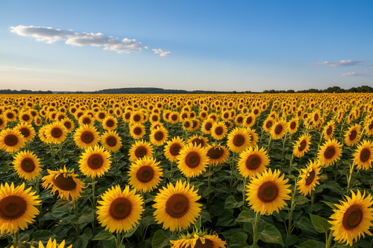 Rows of tall bright yellow sunflowers in full bloom in a summer garden