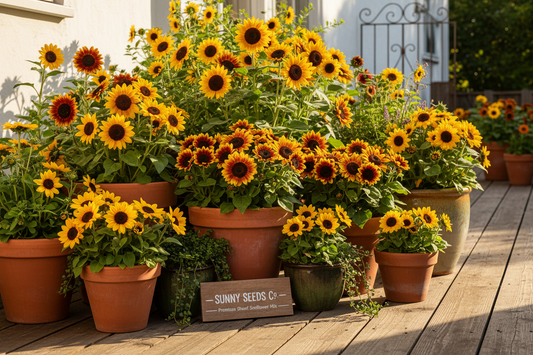 Dwarf sunflowers growing in pots on a sunny patio