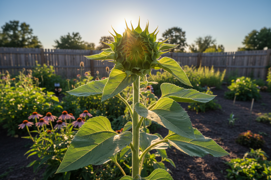 Tall sunflower plant with an unopened bud that has not yet bloomed in a sunny garden