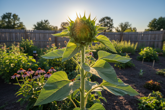 Tall sunflower plant with an unopened bud that has not yet bloomed in a sunny garden