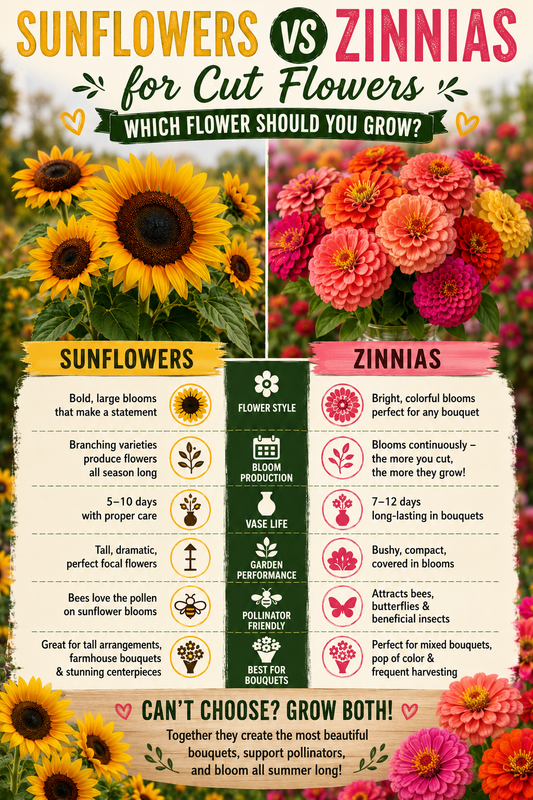 Side-by-side comparison of sunflowers and zinnias for cut flower gardens, showing differences in bloom size, vase life, flower production, pollinator benefits, and bouquet quality to help gardeners choose the best flowers for fresh arrangements.