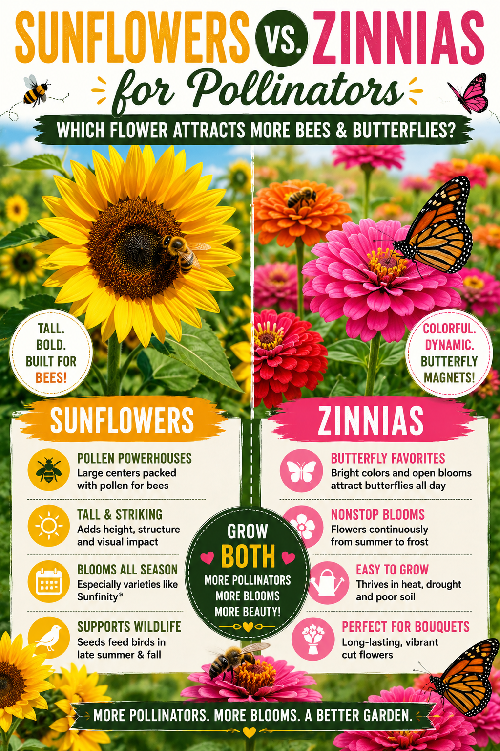 Sunflowers and zinnias growing in a pollinator garden with bees and butterflies visiting colorful blooms throughout the summer season.