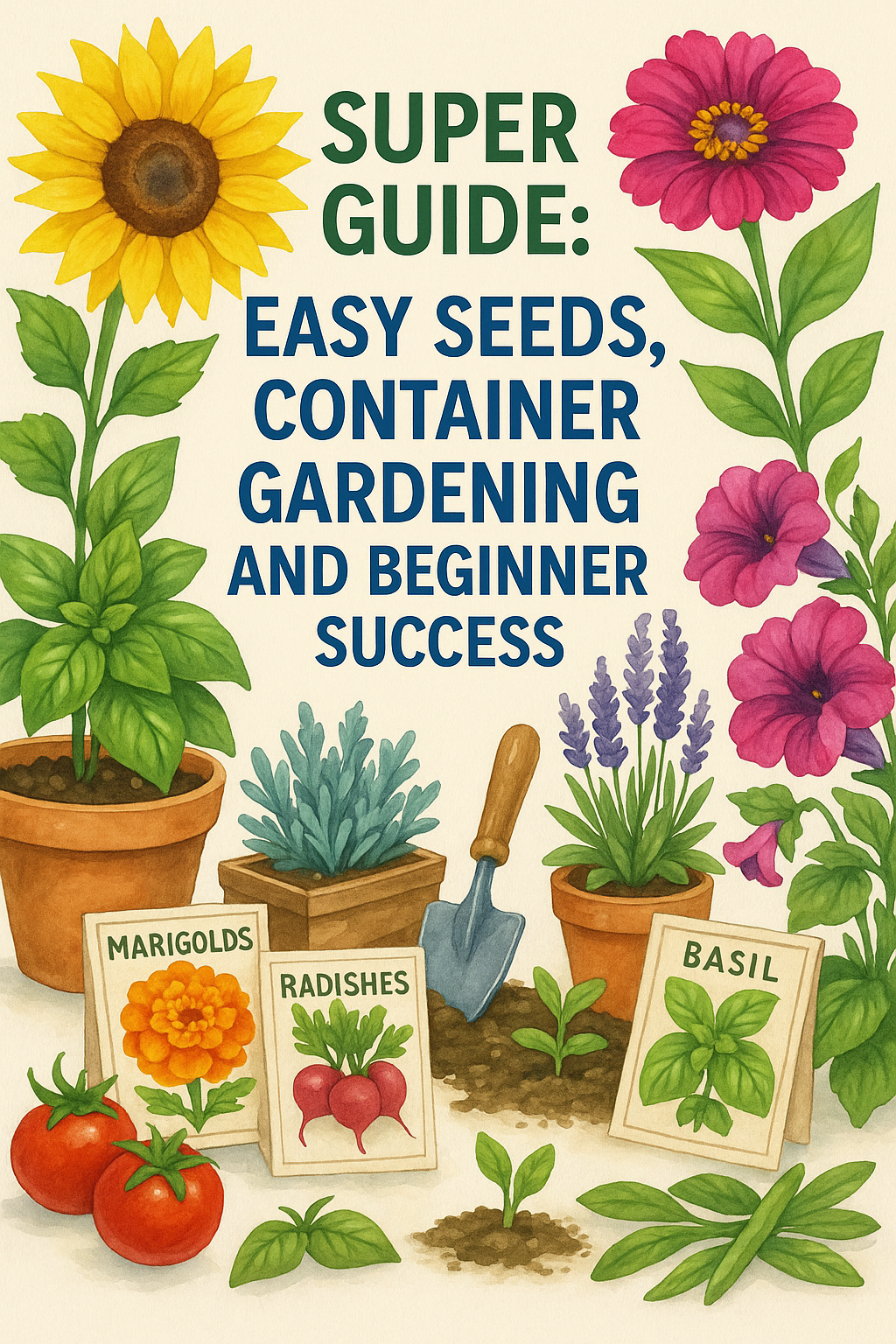 Super guide to easy seeds for beginner gardeners – colorful illustration of marigolds, zinnias, basil, radishes, tomatoes, and flowers growing in pots for container gardening success
