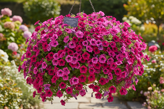 Lush trailing petunias cascading from a terracotta hanging basket in vibrant magenta and purple