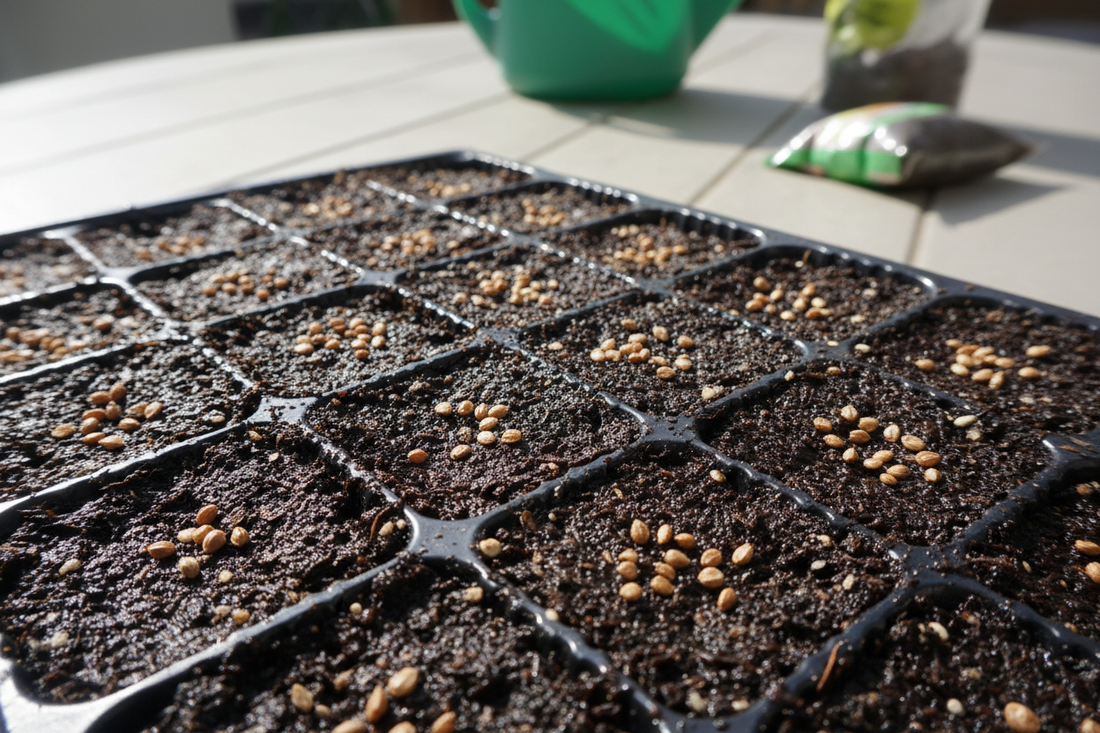 Snapdragon seeds surface sown on moist seed starting mix in a cell tray without soil covering
