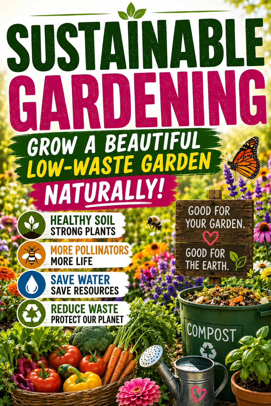 Sustainable low waste garden with compost pollinator flowers vegetables and eco friendly gardening ideas