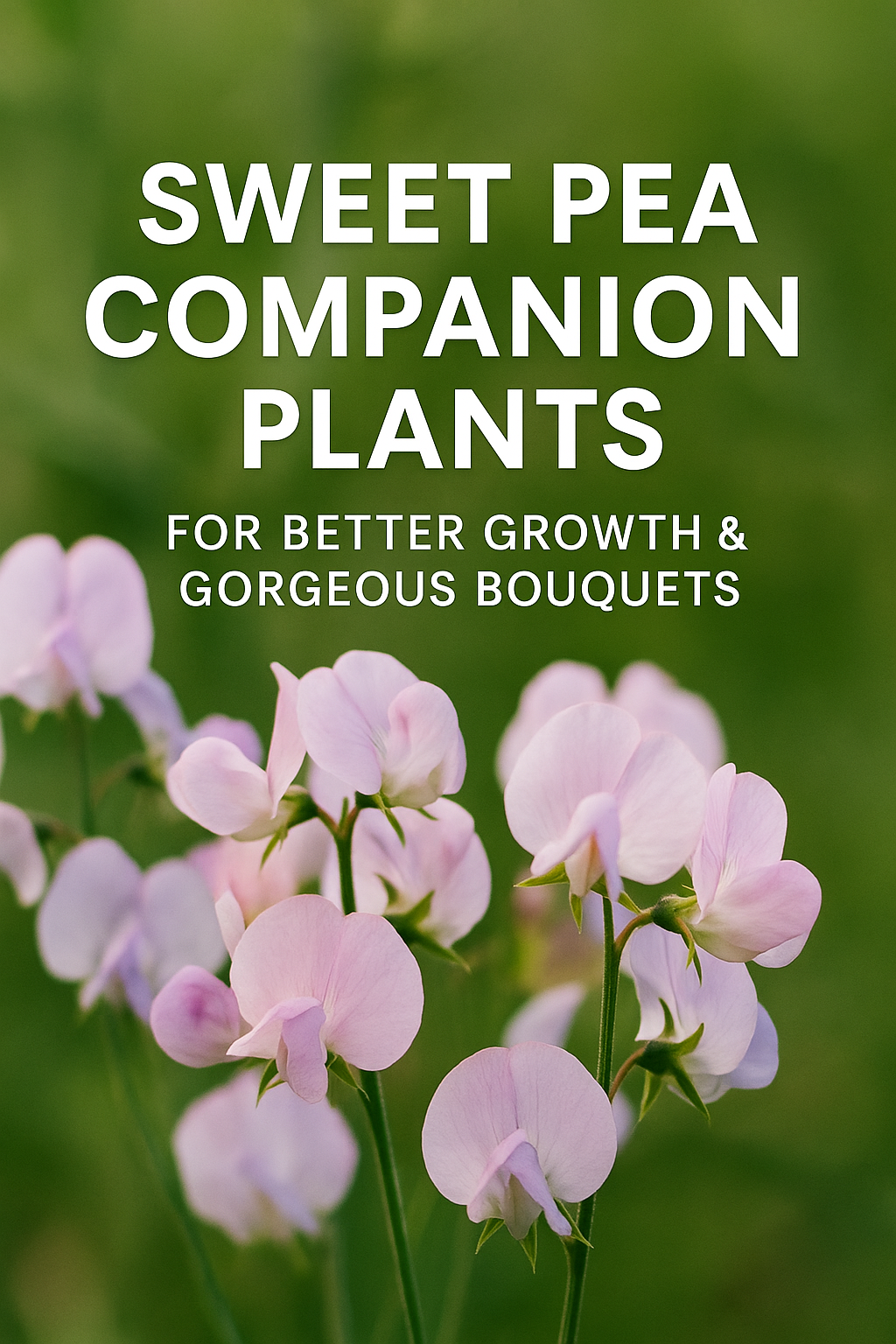 Sweet pea flowers with text overlay showing companion plants for better growth and gorgeous bouquets