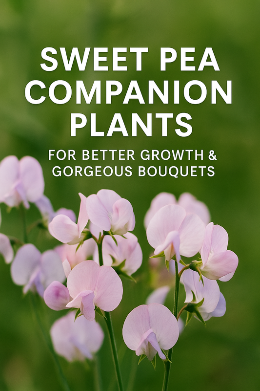 Sweet pea flowers with text overlay showing companion plants for better growth and gorgeous bouquets