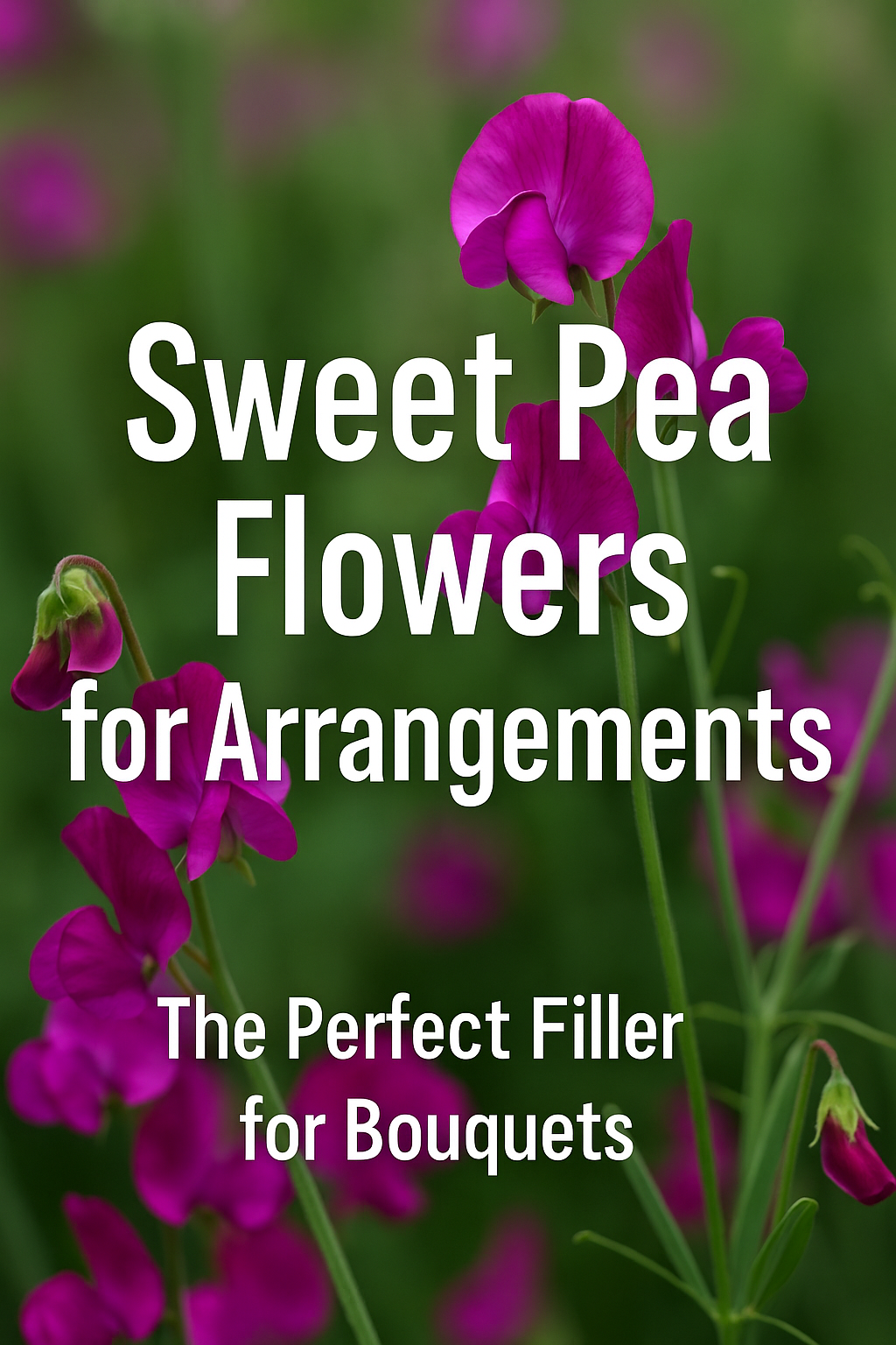 Sweet pea flowers used as filler in floral arrangements with text overlay promoting sweet peas as the perfect bouquet filler