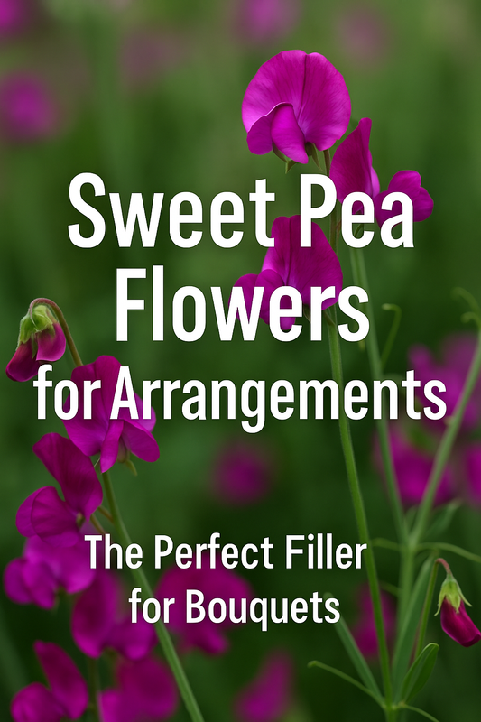 Sweet pea flowers used as filler in floral arrangements with text overlay promoting sweet peas as the perfect bouquet filler