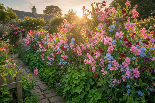 Sweet pea flowers blooming in pink, burgundy, lavender, and blue on a garden trellis