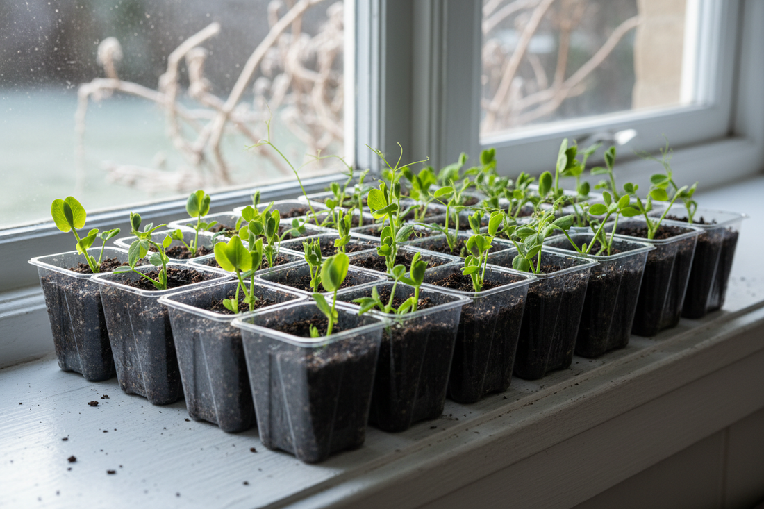 Sweet pea seedlings in cell trays on a windowsill in January, early seed starting indoors
