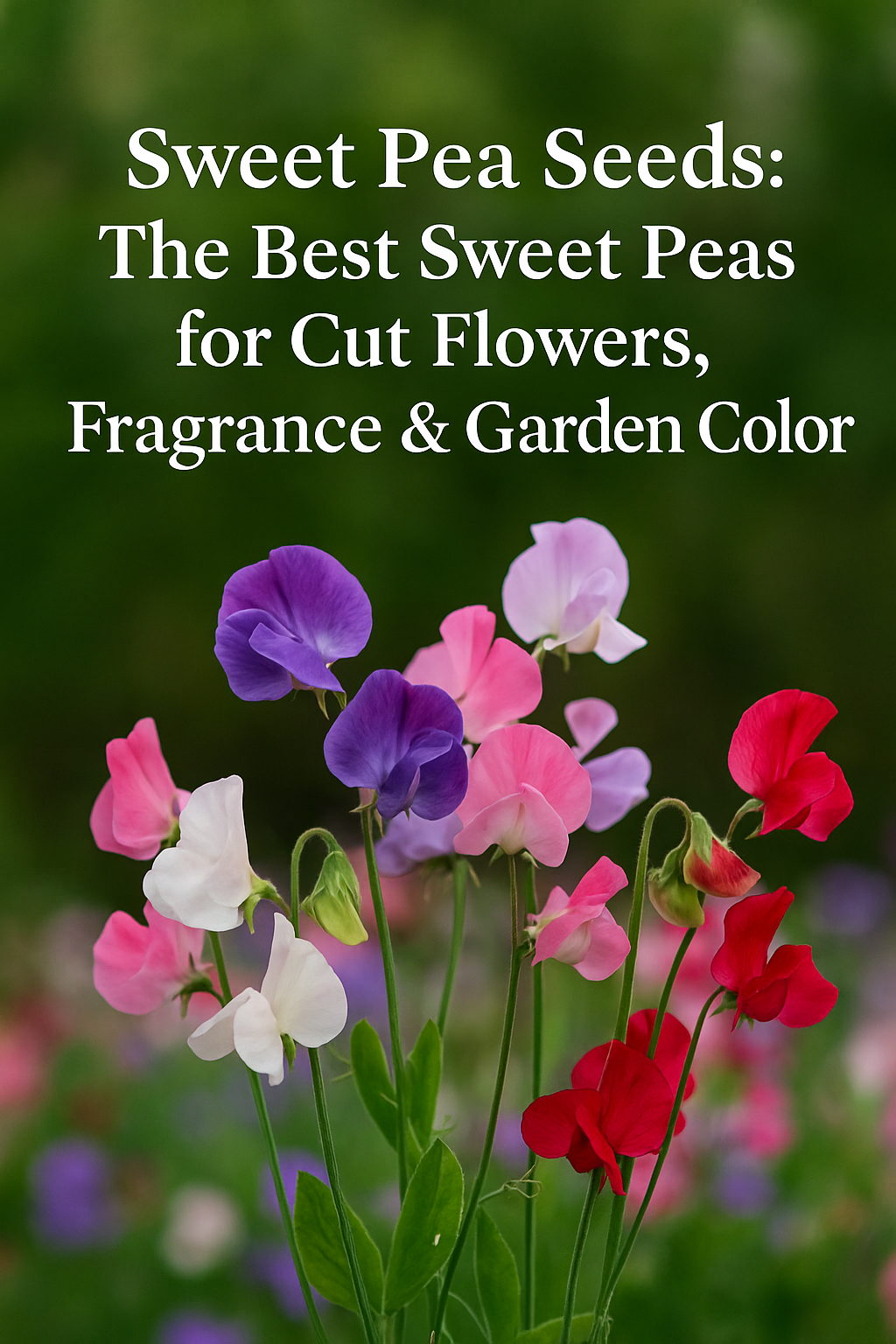 Sweet pea flowers in mixed colors with the blog title overlay for a guide on the best varieties for cut flowers and fragrance.