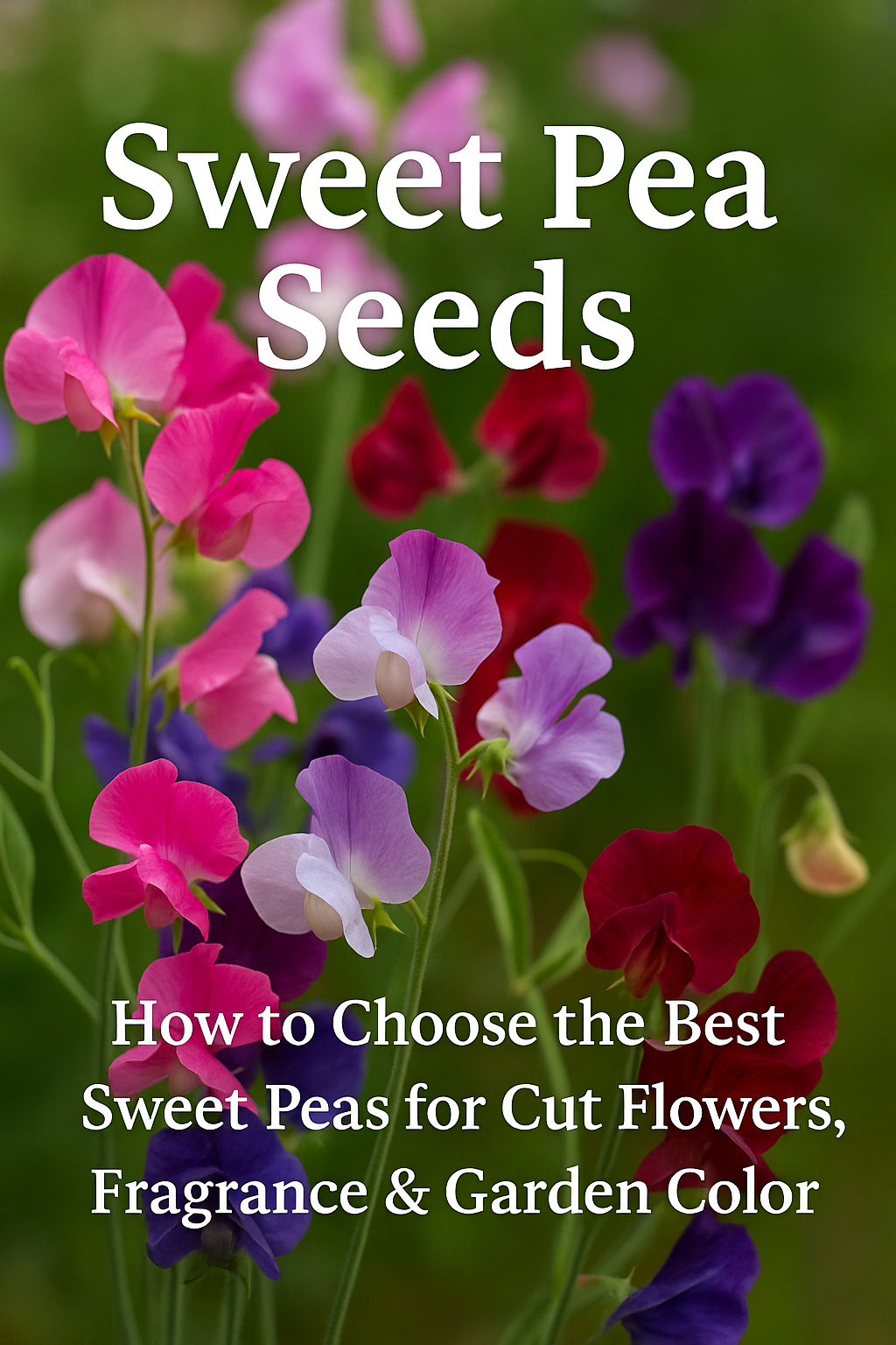 Sweet pea flowers in mixed colors with the blog title overlay showing the best types for cut flowers, fragrance, and bouquets.