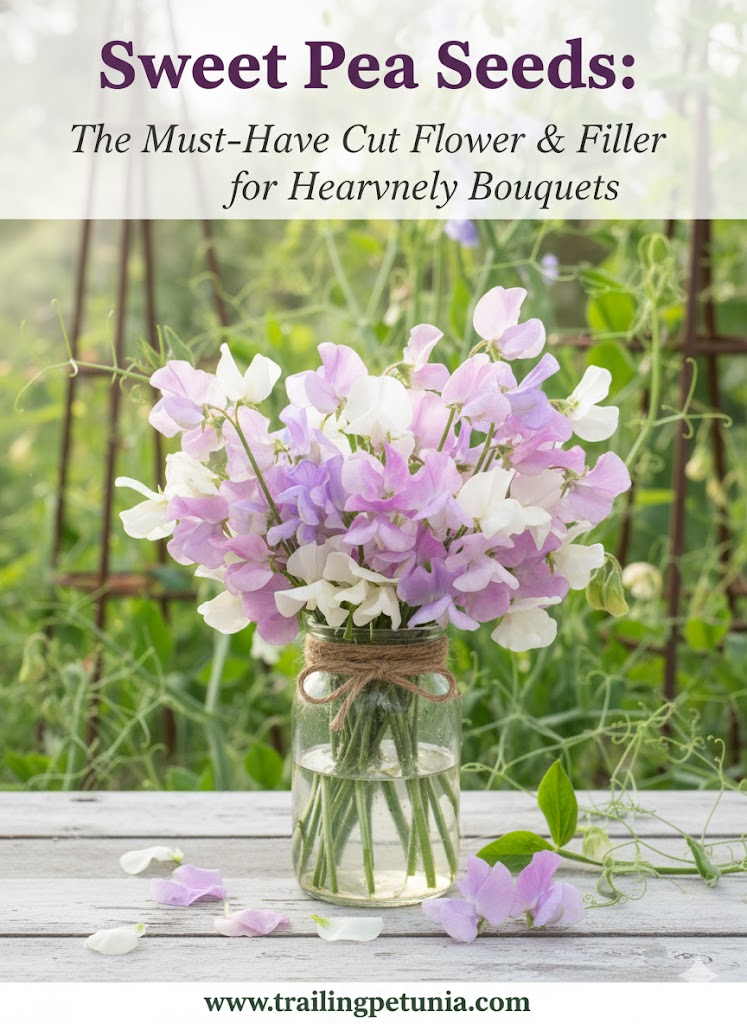 Vase of fragrant white and lavender sweet pea cut flowers on a garden table, showing how they are used as a perfect filler in a bouquet. Shop sweet pea seeds and cut flower seeds